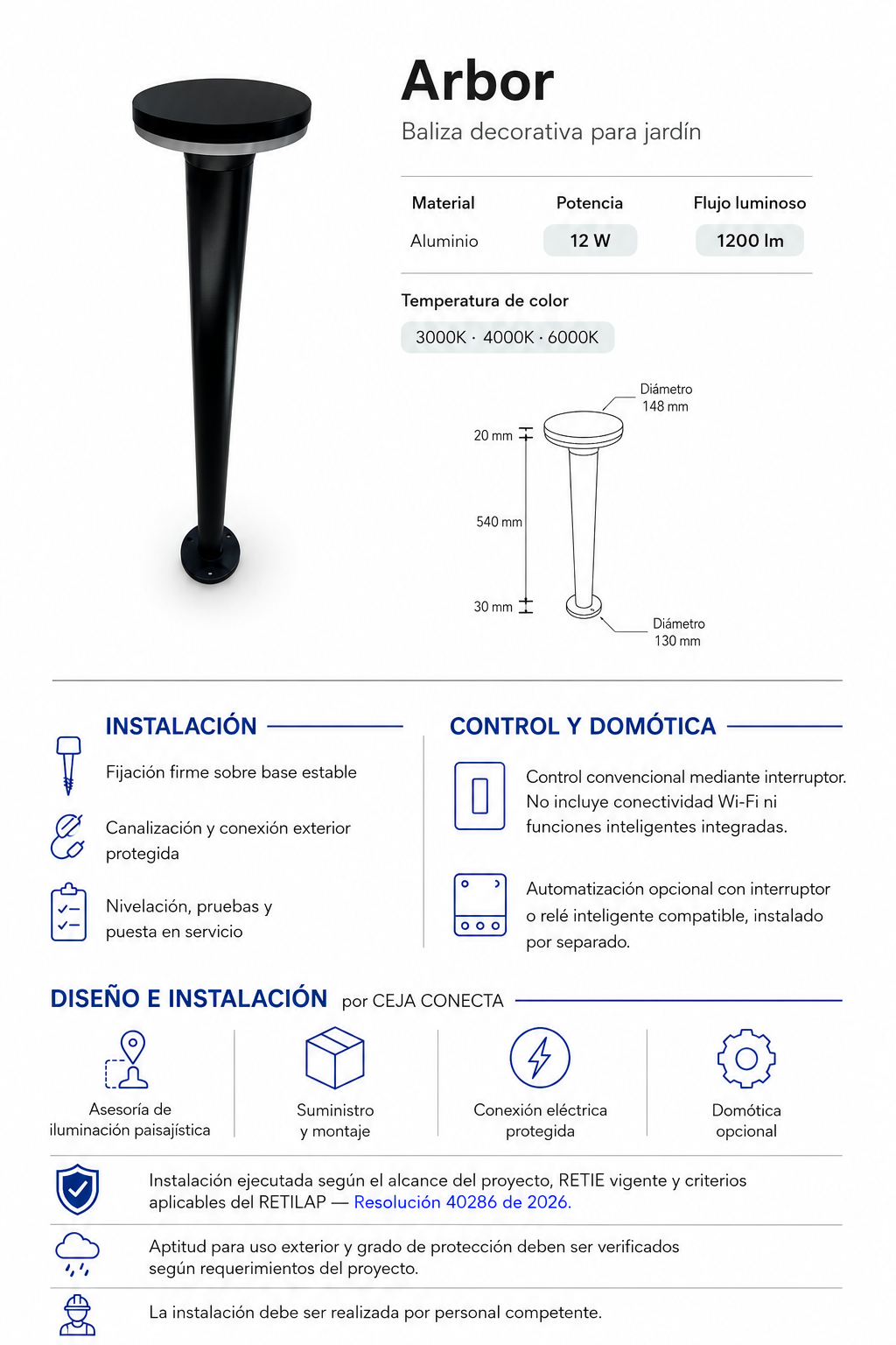 Ficha técnica e instalación de Arbor