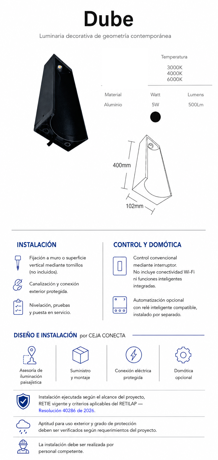 Ficha técnica e instalación de Dube