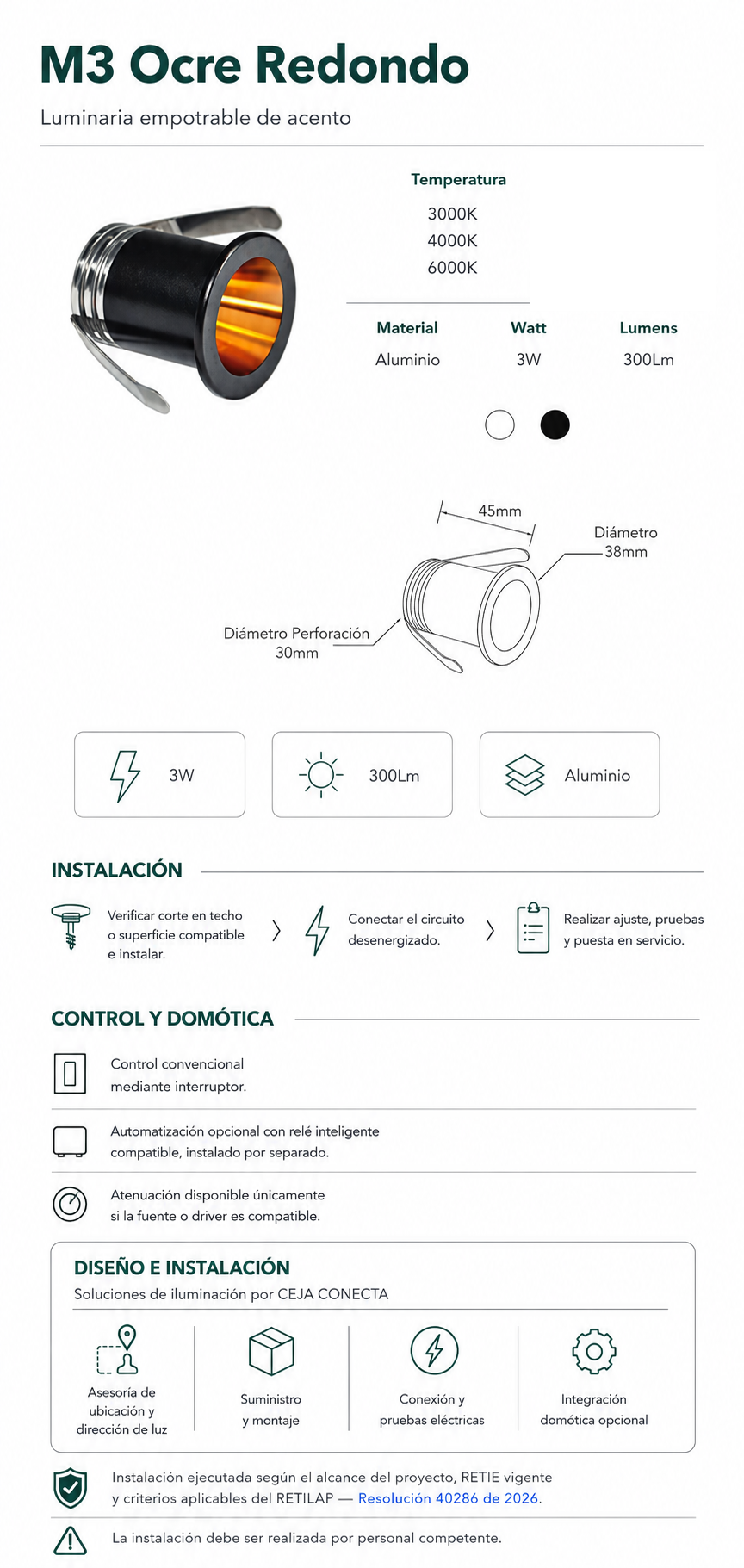 Ficha técnica e instalación de M3 Ocre Redondo