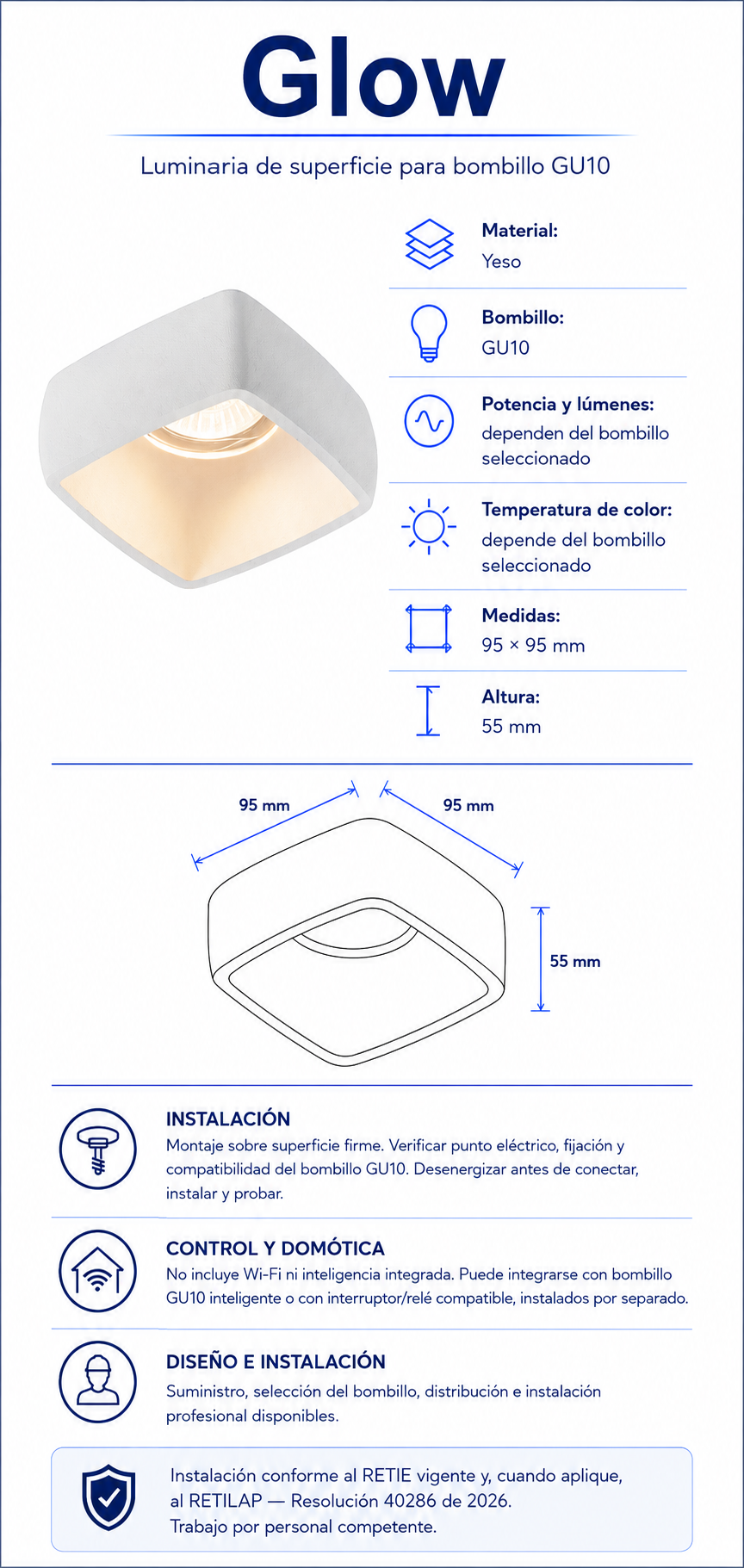 Ficha técnica e instalación de Glow