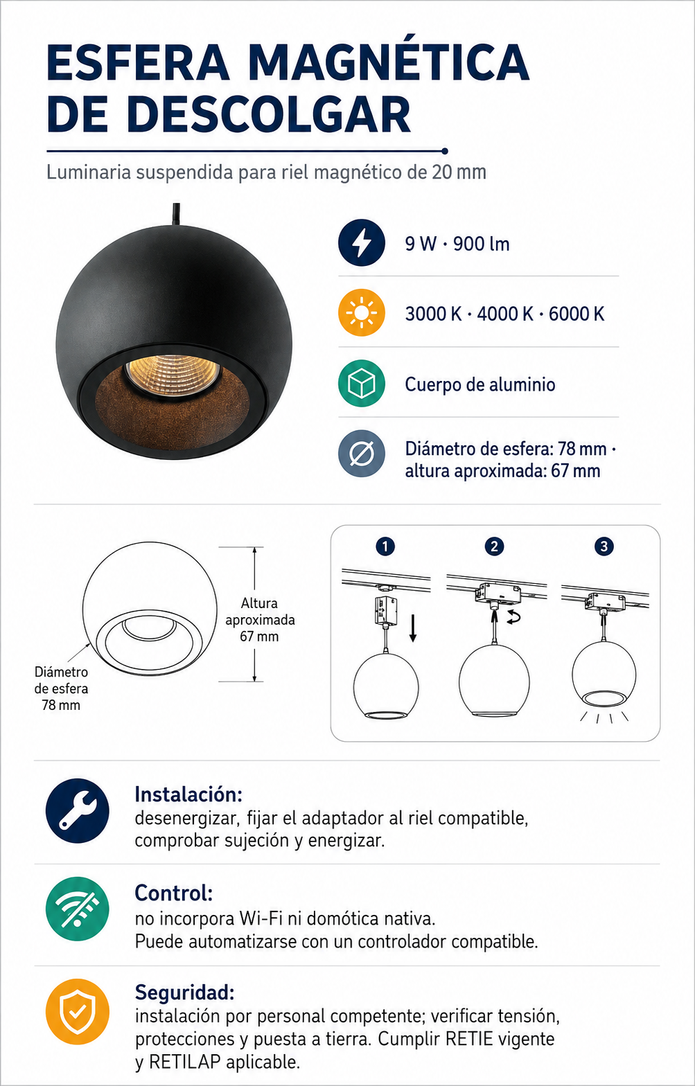 Ficha técnica e instalación de Esfera Magnética de Descolgar
